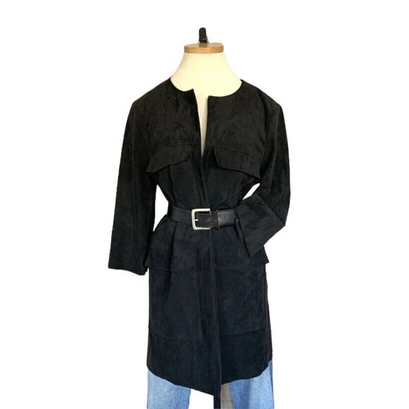 Vegan Suede Stretch Midi Coat Open Black H&M Cardigan Pockets Small Safari - Picture 1 of 8